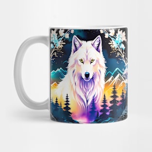 A White Wolf with Mountains, Floral Elements, Forests, Trees Mug